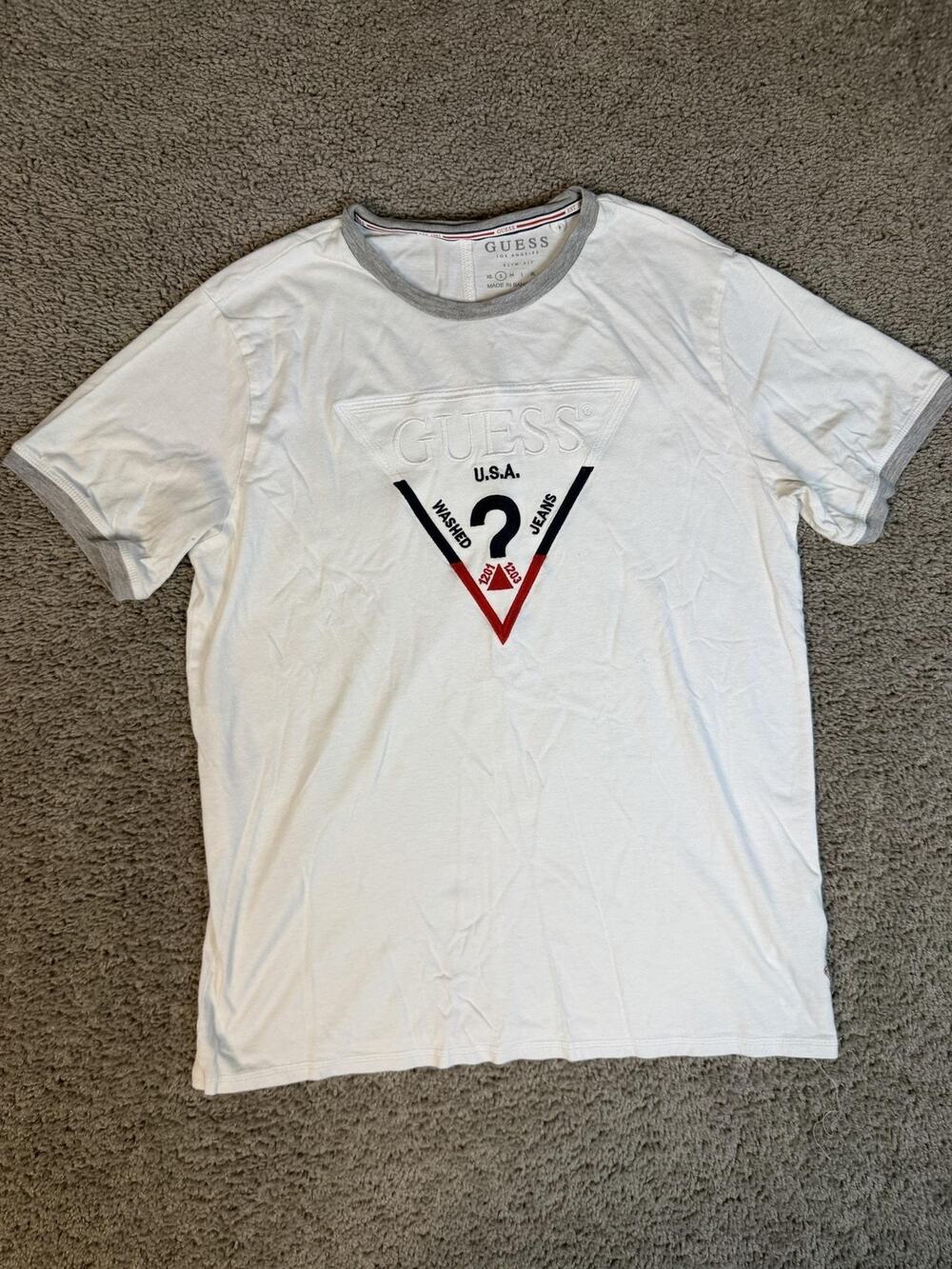 GUESS Shirt Mens S White Ringer Triangle Logo Crew Neck Cotton Modal Slim Fit - Picture 1 of 10